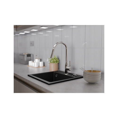 Aranżacja zlewozmywak granitowy 1 komorowy nablatowy Ela czarny z brokatem